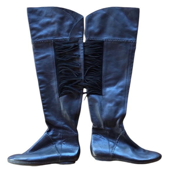 House of Harlow Black Leather Fringe Knee High Flat Footed Boots - Picture 4 of 11